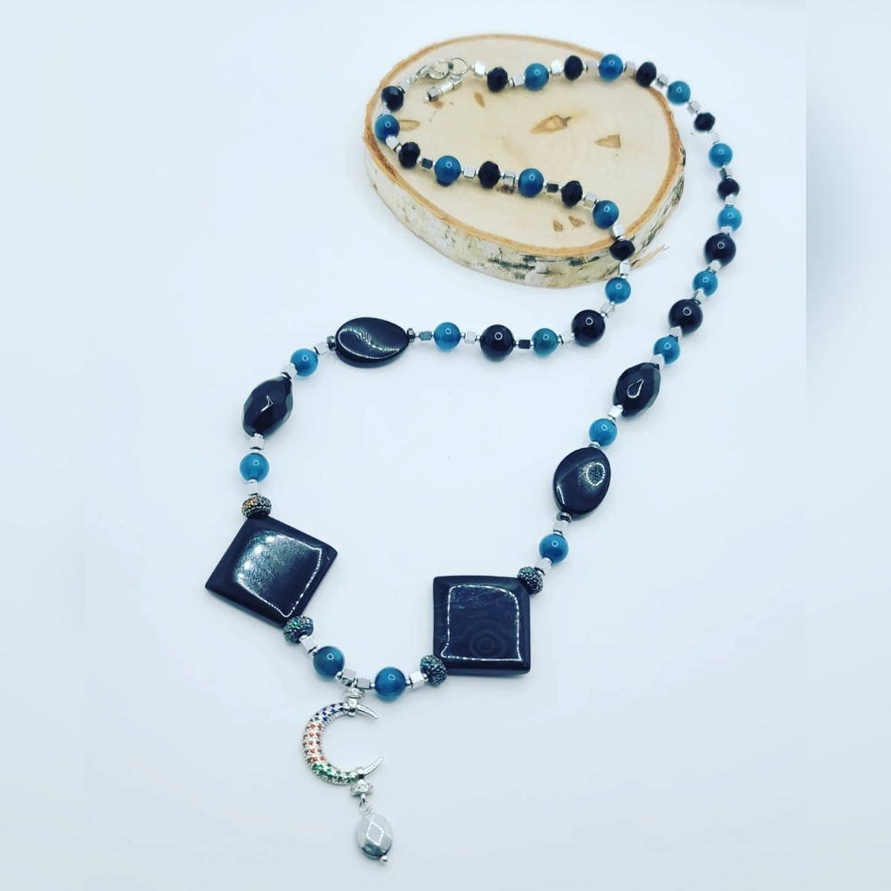 Black Agatw, Blue Cat Eye, Zirconia Moon 🌙 charm necklace